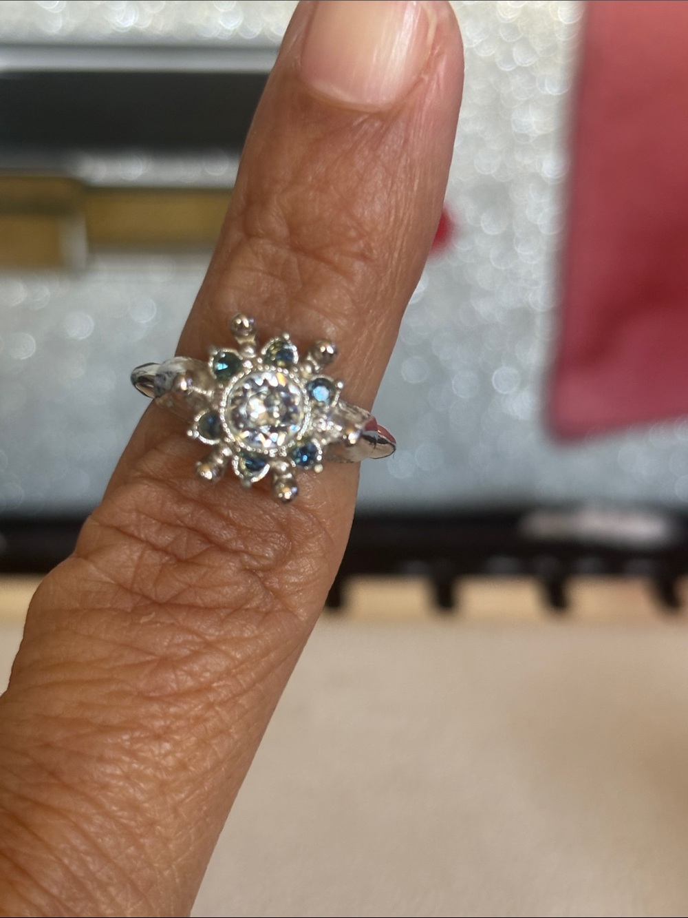 Silver Floral Halo Ring with Blue Accents Size 7